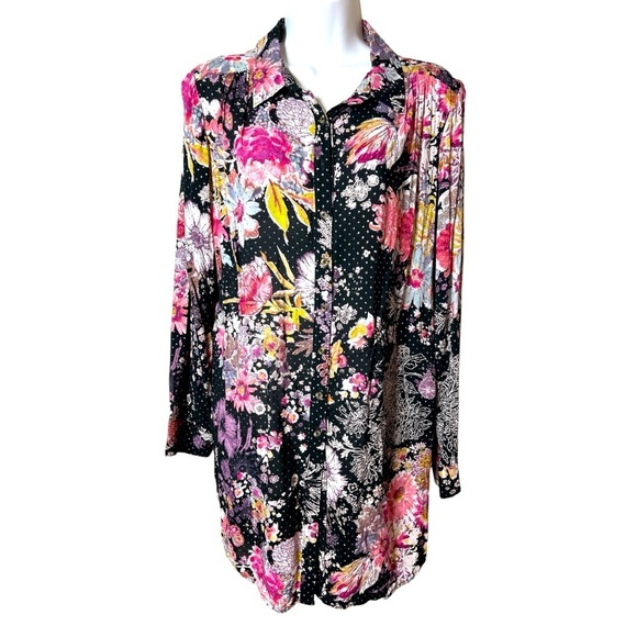 Maeve Anthropologie Metallic Dot Mixed Floral Print Tunic Dress Black Size M - Picture 3 of 12